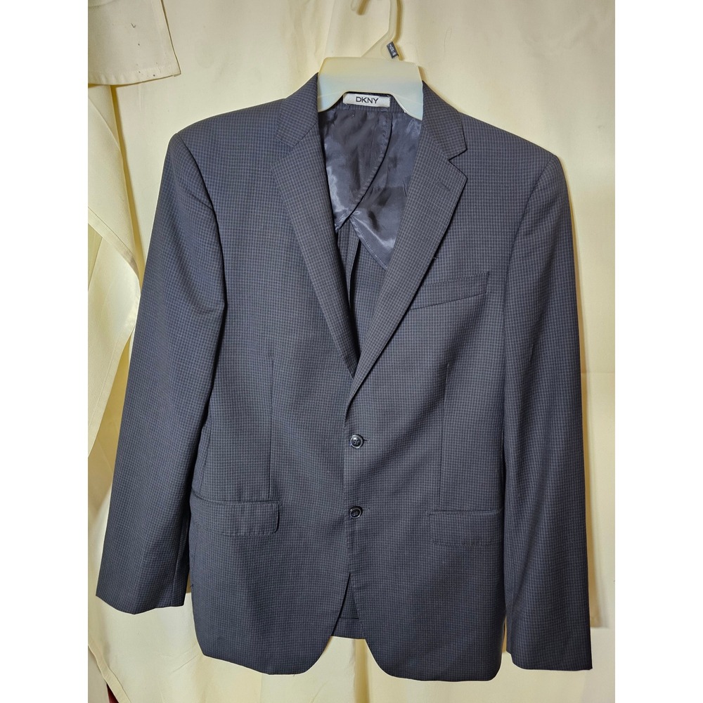 DKNY Mens 42L Blazer Sport Coat 100% Wool Dark Grey Micro Check 2-Button Jacket